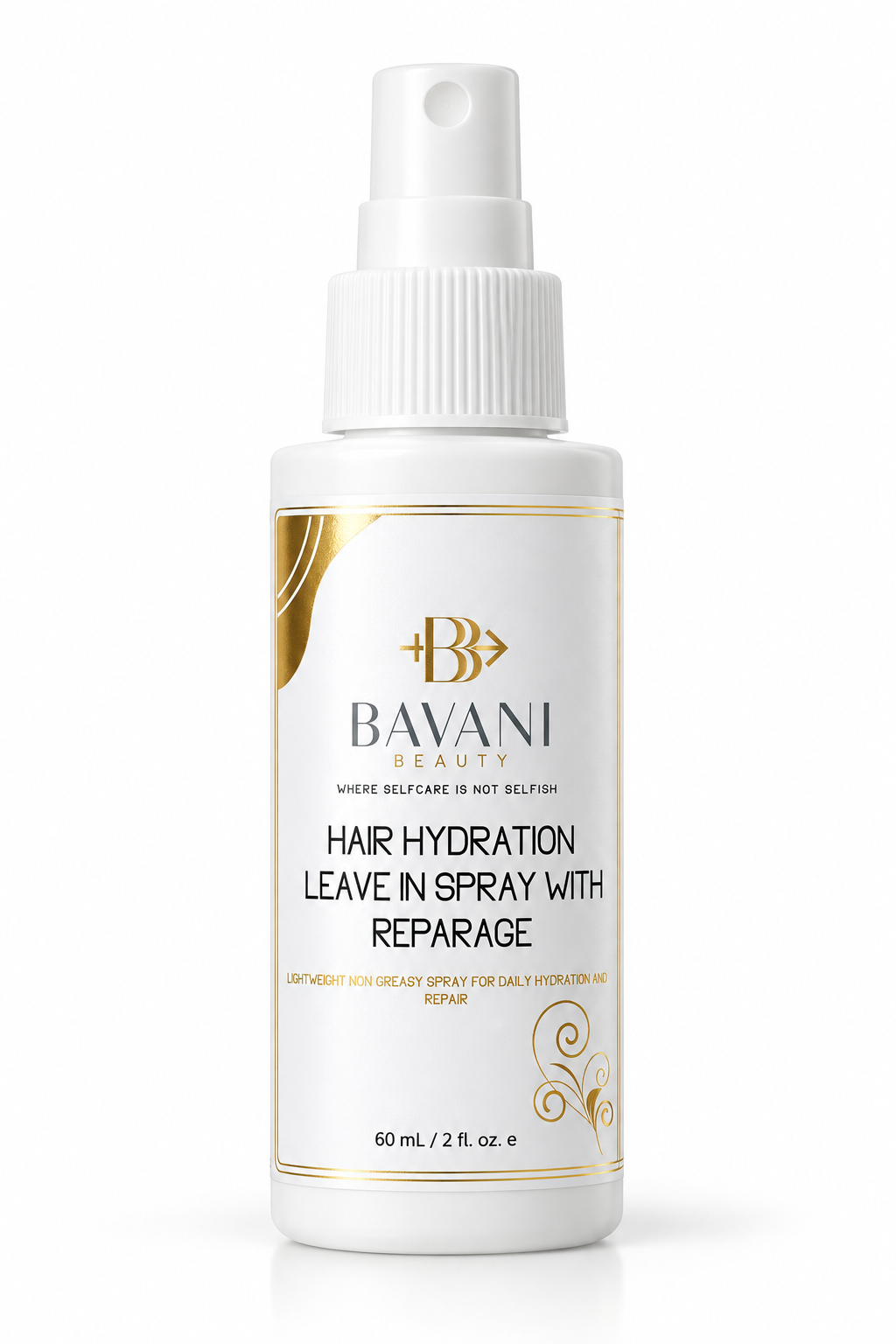 Bavani Beauty Hair Hydration Leave-In Spray with Reparage, full 60 mL bottle on white