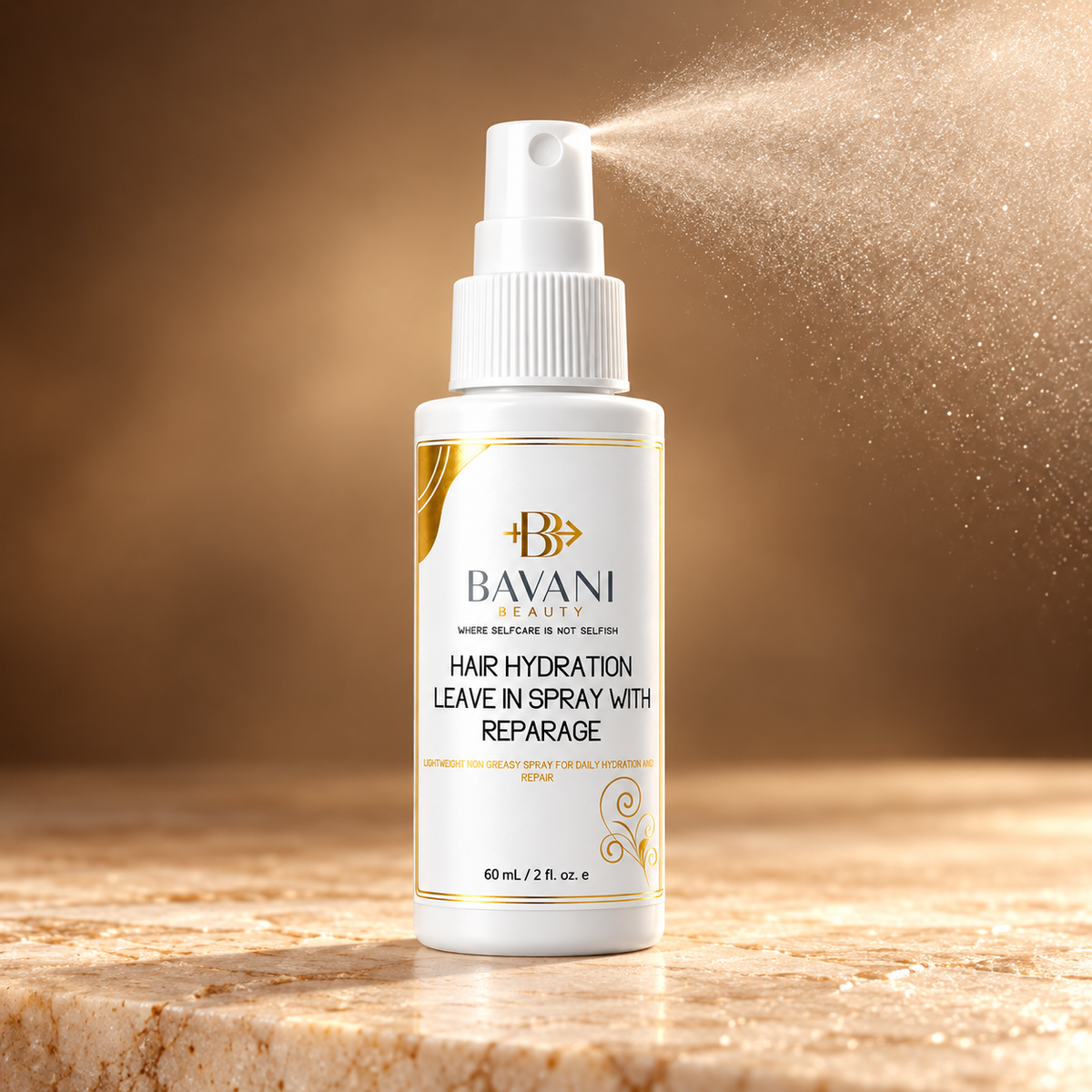 Bavani Beauty leave-in spray bottle with fine mist against a gold background