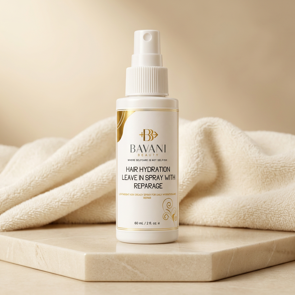 Bavani Beauty leave-in spray on cream stone with an ivory towel in a spa-style setting